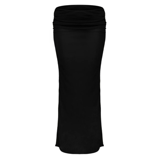 Black Sheer Burnout Mesh Fold Over Hem Low Rise Maxi Skirt Black Sheer Burnout Mesh Fold Over Hem Low Rise Maxi Skirt