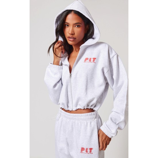 PRETTYLITTLETHING Grey Marl Elasticated Hem Zip Up Hoodie PRETTYLITTLETHING Grey Marl Elasticated Hem Zip Up Hoodie