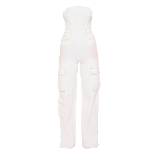 Ecru Contrast Stitch Cargo Pocket Bandeau Denim Jumpsuit Ecru Contrast Stitch Cargo Pocket Bandeau Denim Jumpsuit