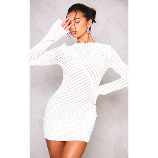 White Crinkle Texture Long Sleeve Bodycon Dress White Crinkle Texture Long Sleeve Bodycon Dress