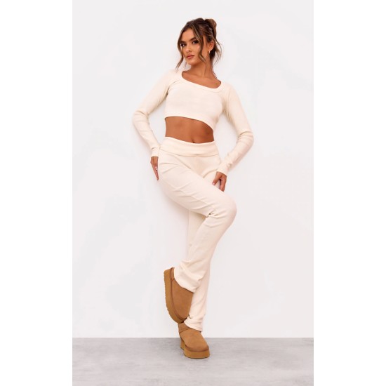 Cream Rib Scoop Neck Long Sleeve Crop Top Cream Rib Scoop Neck Long Sleeve Crop Top
