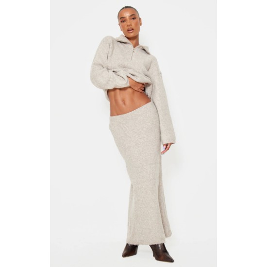 Taupe Knitted Zip Up Sweater And Maxi Skirt Set Taupe Knitted Zip Up Sweater And Maxi Skirt Set