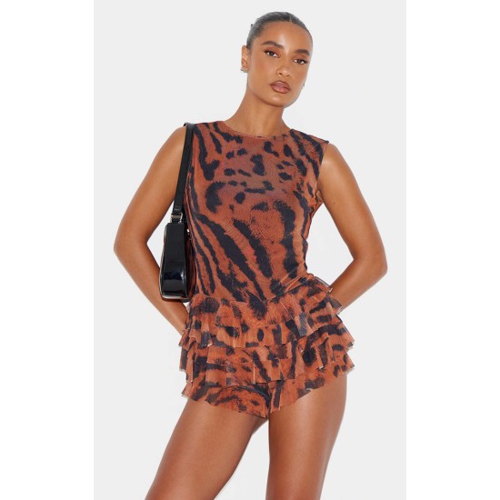 Brown Animal Printed Mesh Rara Romper Brown Animal Printed Mesh Rara Romper