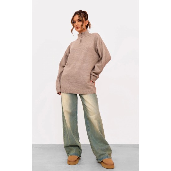 Taupe Knitted Slouchy Half Zip Sweater Taupe Knitted Slouchy Half Zip Sweater