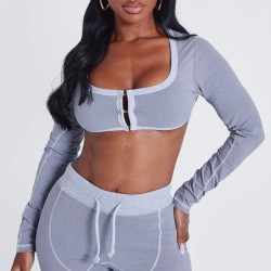Shape Light Grey Washed Cotton Hook And Eye Long Sleeve Crop Top