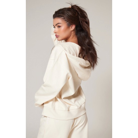 PRETTYLITTLETHING Cream Premium Embroidered Zip Front Oversized Hoodie PRETTYLITTLETHING Cream Premium Embroidered Zip Front Oversized Hoodie