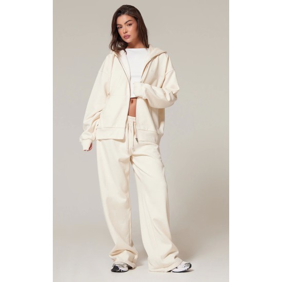 PRETTYLITTLETHING Cream Premium Embroidered Zip Front Oversized Hoodie PRETTYLITTLETHING Cream Premium Embroidered Zip Front Oversized Hoodie