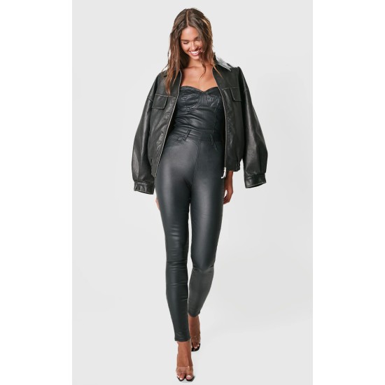 Black Bandeau Coated Denim Jumpsuit Black Bandeau Coated Denim Jumpsuit