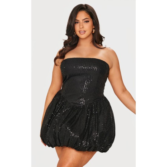 Plus Black Sequin Bandeau Mini Puffball Dress Plus Black Sequin Bandeau Mini Puffball Dress