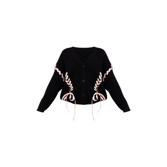 Black Chunky Knit Ribbon Detail Cardigan Black Chunky Knit Ribbon Detail Cardigan