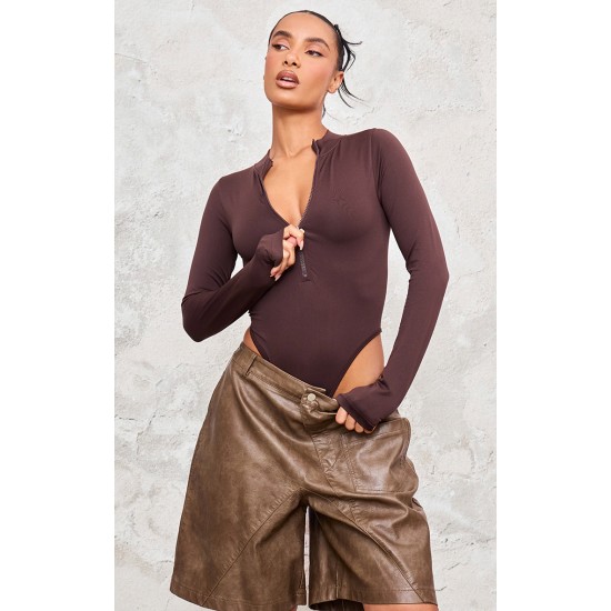 Coffee Contour Zip Up High Neck Bodysuit Coffee Contour Zip Up High Neck Bodysuit