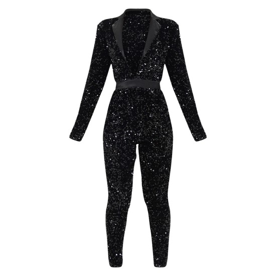 Black Velvet Sequin Plunge Front Tailored Jumpsuit Black Velvet Sequin Plunge Front Tailored Jumpsuit