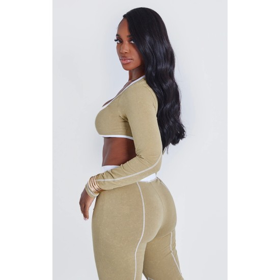 Shape Khaki Washed Cotton Hook And Eye Long Sleeve Crop Top Shape Khaki Washed Cotton Hook And Eye Long Sleeve Crop Top