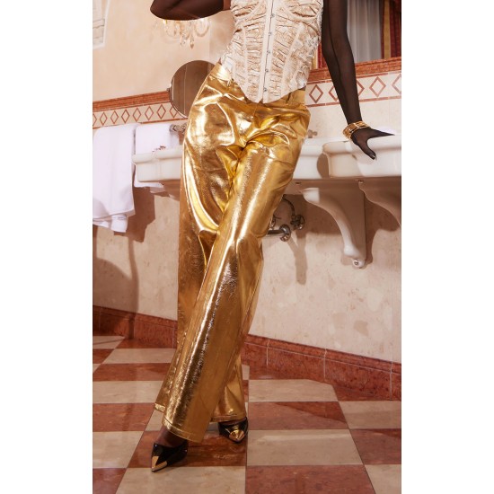Gold Metallic Faux Leather Straight Leg Tailored Pants Gold Metallic Faux Leather Straight Leg Tailored Pants