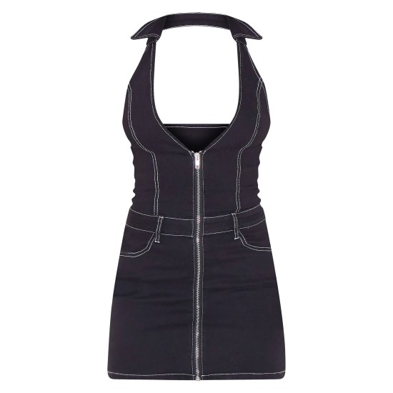 Black Contrast Stitch Halterneck Denim Mini Dress Black Contrast Stitch Halterneck Denim Mini Dress