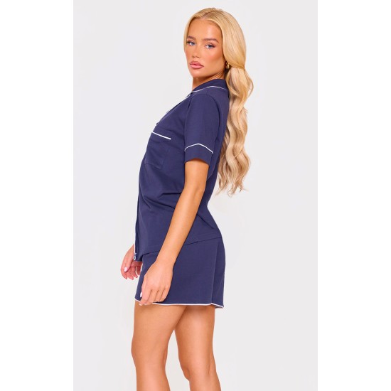Navy Jersey Piping Detail Short PJ Set Navy Jersey Piping Detail Short PJ Set
