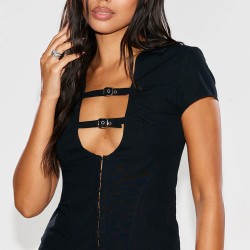 Black Plunge Buckle Detail Corset Shirt